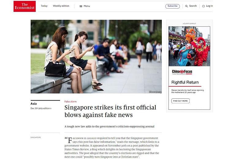 Komisaris Tinggi Singapura untuk Inggris membantah artikel Economist tentang undang-undang berita palsu